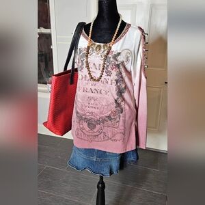 PERFECT WAY Ombre Mauve Graphic Shirt Beaded Cut-Out Shoulders Bohemian Top S/M